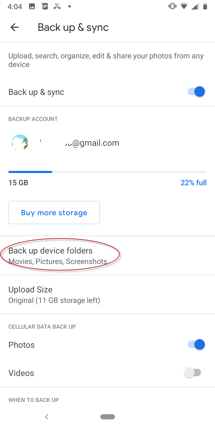 google photos select back up device folders