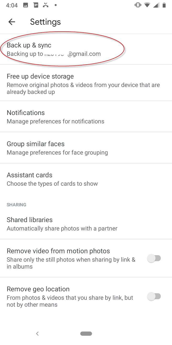 google photos select back up sync