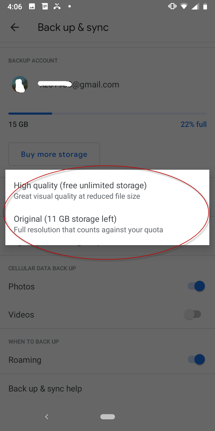 google photos select upload size